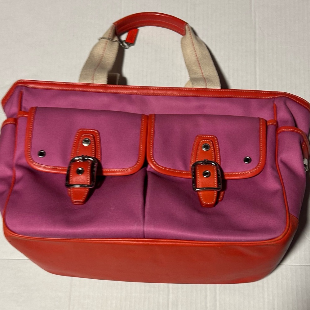 Coach Nylon & Leather Pocket Tote Pink/Orange  Pockets Large Shoulder Bag EUC